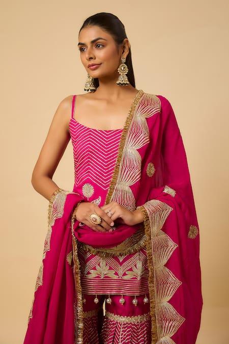 Buy_Monk & Mei By Sonia Anand_Pink Silk Organza Embroidery Square Neck Aishwarya Kurta Sharara Set _Online_at_Aza_Fashions