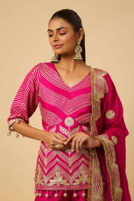 Monk & Mei By Sonia Anand_Pink Silk, Organza Embroidery, Tassels V-neck Rani Chevron Kurta Sharara Set _Online_at_Aza_Fashions