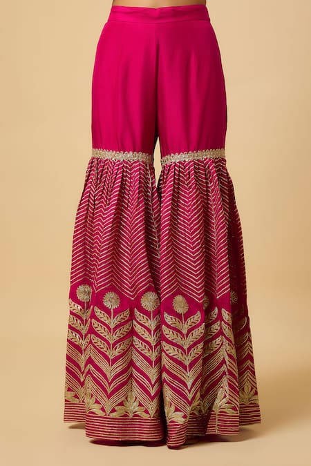 Buy_Monk & Mei By Sonia Anand_Pink Silk, Organza Embroidery, Tassels V-neck Rani Chevron Kurta Sharara Set _Online_at_Aza_Fashions