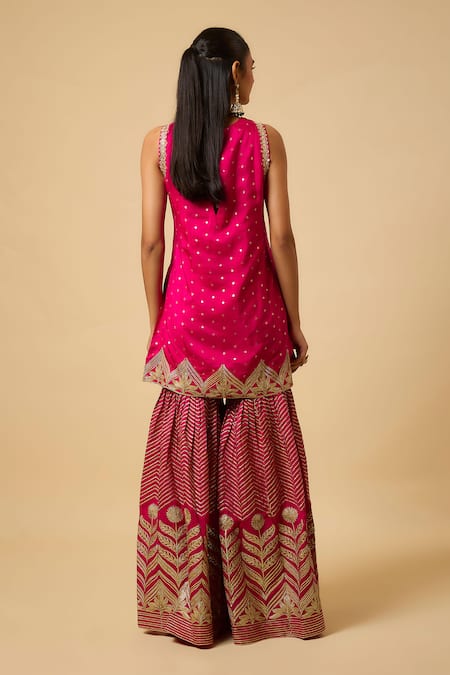 Shop Monk & Mei By Sonia Anand Pink Silk, Organza Embroidery V-neck Bala Kurta Sharara Set at Aza Fashions Shop_Monk & Mei By Sonia Anand_Pink Silk, Organza Embroidery V-neck Bala Kurta Sharara Set _at_Aza_Fashions
