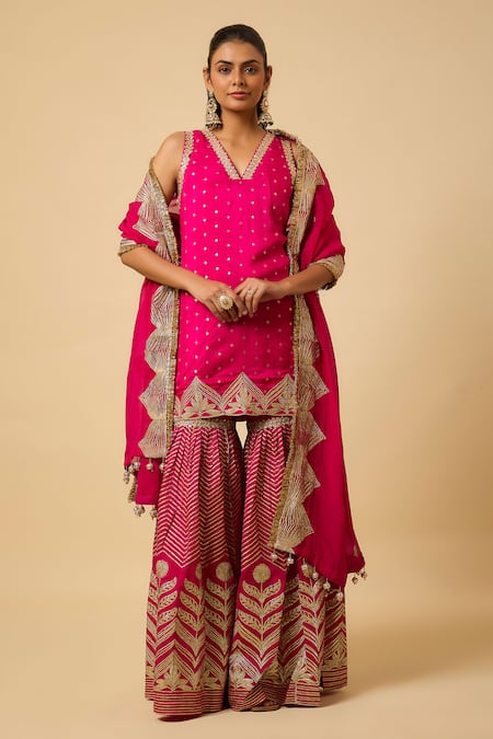 Monk & Mei By Sonia Anand Pink Silk, Organza Embroidery V-neck Bala Kurta Sharara Set