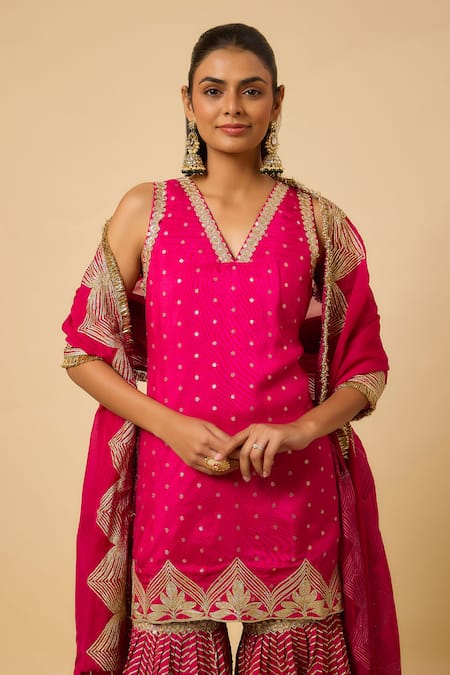 Monk & Mei By Sonia Anand Pink Silk, Organza Embroidery V-neck Bala Kurta Sharara Set Online at Aza Fashions Monk & Mei By Sonia Anand_Pink Silk, Organza Embroidery V-neck Bala Kurta Sharara Set _Online_at_Aza_Fashions