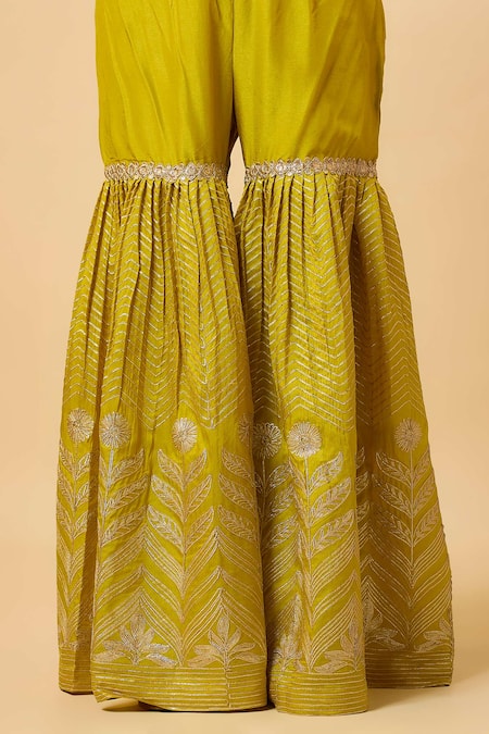 Monk & Mei By Sonia Anand_Yellow Silk, Organza Embroidery V-neck Bala Polka Dot Woven Kurta Sharara Set _Online_at_Aza_Fashions