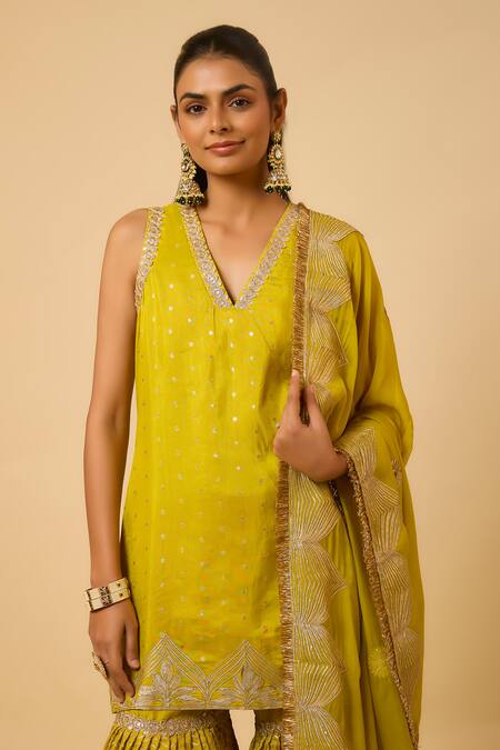 Buy_Monk & Mei By Sonia Anand_Yellow Silk, Organza Embroidery V-neck Bala Polka Dot Woven Kurta Sharara Set _Online_at_Aza_Fashions