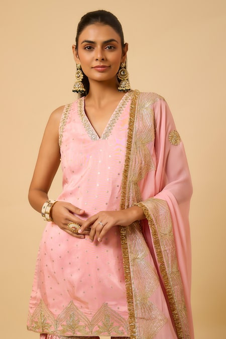 Monk & Mei By Sonia Anand_Pink Silk, Organza Embroidery V-neck Bala Woven Kurta Sharara Set _Online_at_Aza_Fashions