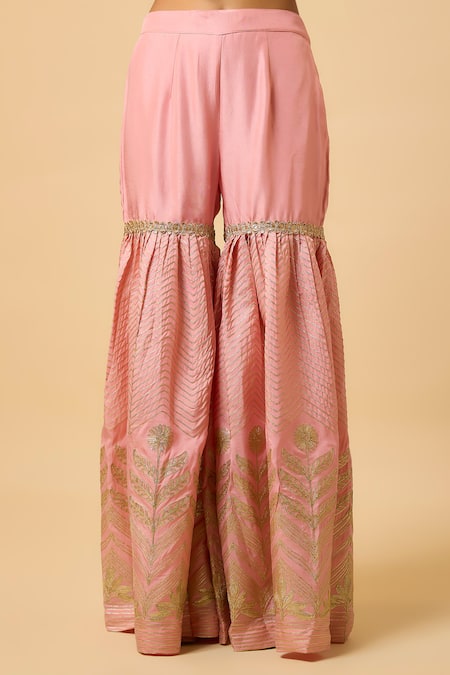Buy_Monk & Mei By Sonia Anand_Pink Silk, Organza Embroidery V-neck Bala Woven Kurta Sharara Set _Online_at_Aza_Fashions