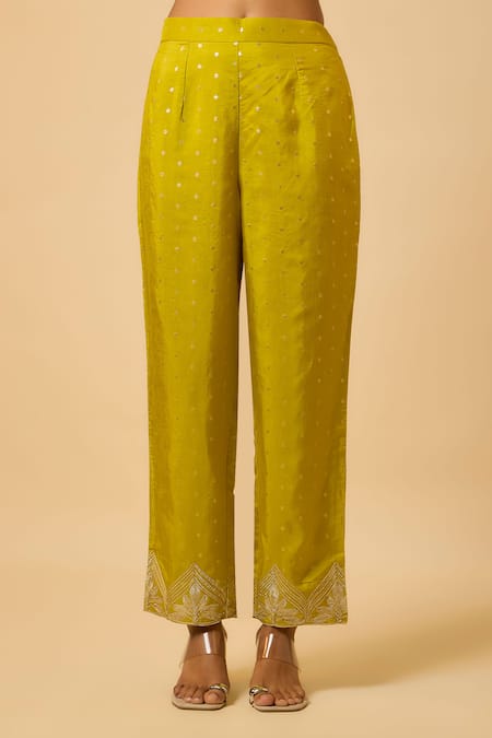 Monk & Mei By Sonia Anand_Yellow Silk, Organza Embroidery Round Neck Diya Cape And Pant Set _Online_at_Aza_Fashions
