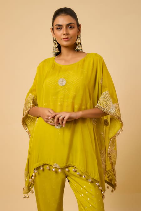 Buy_Monk & Mei By Sonia Anand_Yellow Silk, Organza Embroidery Round Neck Diya Cape And Pant Set _Online_at_Aza_Fashions