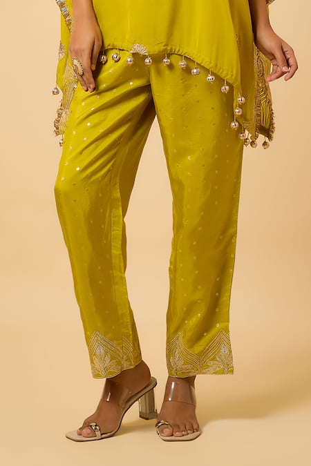Shop_Monk & Mei By Sonia Anand_Yellow Silk, Organza Embroidery Round Neck Diya Cape And Pant Set _Online_at_Aza_Fashions
