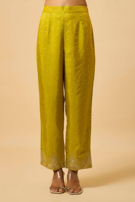 Monk & Mei By Sonia Anand_Yellow Silk, Organza Embroidery Round Neck Amaya Thread Kurta Set _Online_at_Aza_Fashions