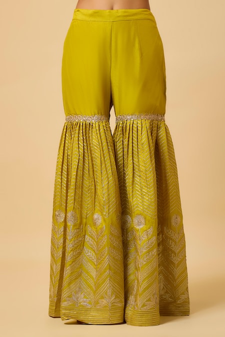 Monk & Mei By Sonia Anand Yellow Silk, Organza Embroidery, Tassels Square Aishwarya Kurta Sharara Set Online at Aza Fashions Monk & Mei By Sonia Anand_Yellow Silk, Organza Embroidery, Tassels Square Aishwarya Kurta Sharara Set _Online_at_Aza_Fashions