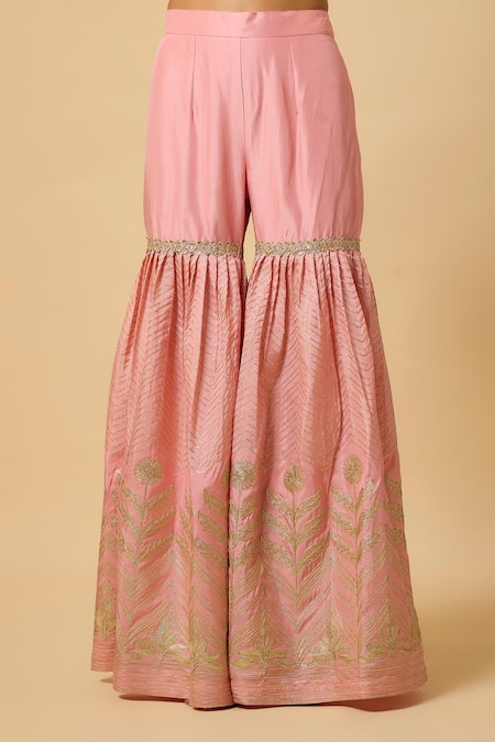 Monk & Mei By Sonia Anand_Pink Silk, Organza Embroidery, Tassels V-neck Rani Kurta Sharara Set _Online_at_Aza_Fashions