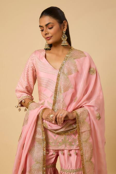Buy_Monk & Mei By Sonia Anand_Pink Silk, Organza Embroidery, Tassels V-neck Rani Kurta Sharara Set _Online_at_Aza_Fashions