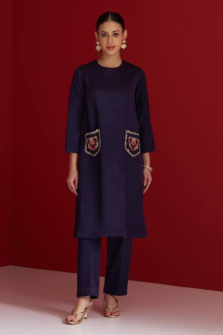 Sitaraa_Blue Embroidery Round Neck Mahika Midnight Pocket Kurta With Pant _Online_at_Aza_Fashions