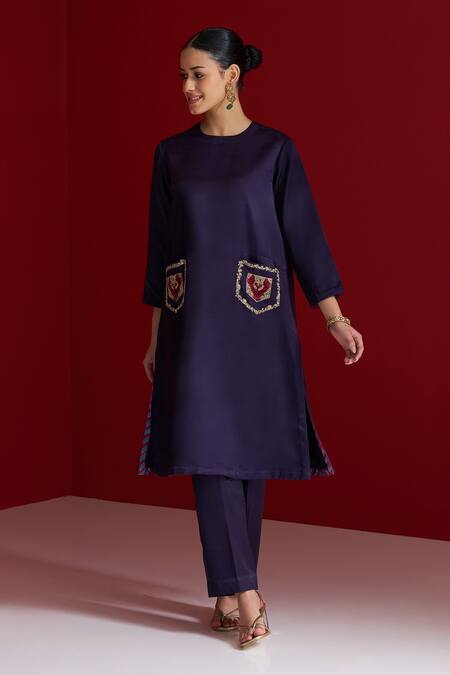 Buy_Sitaraa_Blue Embroidery Round Neck Mahika Midnight Pocket Kurta With Pant _Online_at_Aza_Fashions