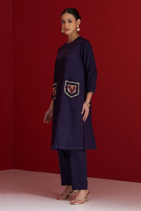 Shop_Sitaraa_Blue Embroidery Round Neck Mahika Midnight Pocket Kurta With Pant _Online_at_Aza_Fashions