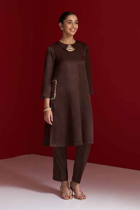 Shop_Sitaraa_Brown Embroidery Round Neck Devyani Kurta With Pant _Online_at_Aza_Fashions