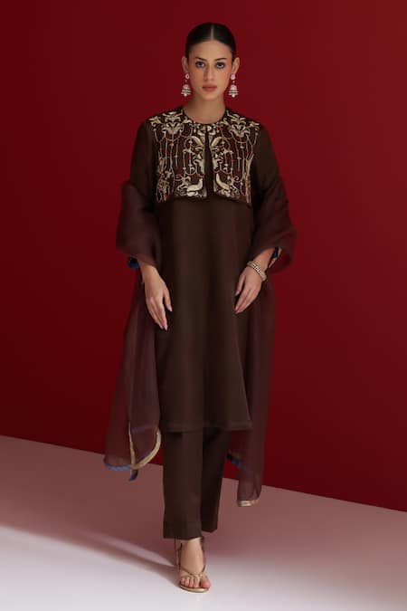 Buy_Sitaraa_Brown Embroidery, Beads Round Neck Vajrika Bolero Kurta Set _Online_at_Aza_Fashions