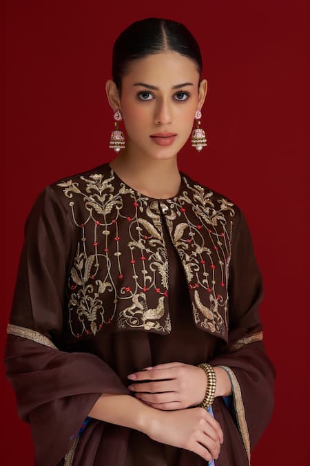 Shop_Sitaraa_Brown Embroidery, Beads Round Neck Vajrika Bolero Kurta Set _Online_at_Aza_Fashions