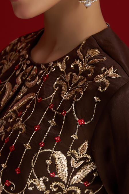 Buy_Sitaraa_Brown Embroidery, Beads Round Neck Vajrika Bolero Kurta Set 