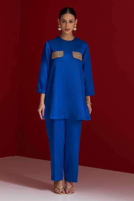 Shop_Sitaraa_Cobalt Embroidery Round Neck Hamsika Blue Kurta With Pant _Online_at_Aza_Fashions