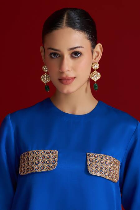 Sitaraa_Cobalt Embroidery Round Neck Hamsika Blue Kurta With Pant _at_Aza_Fashions
