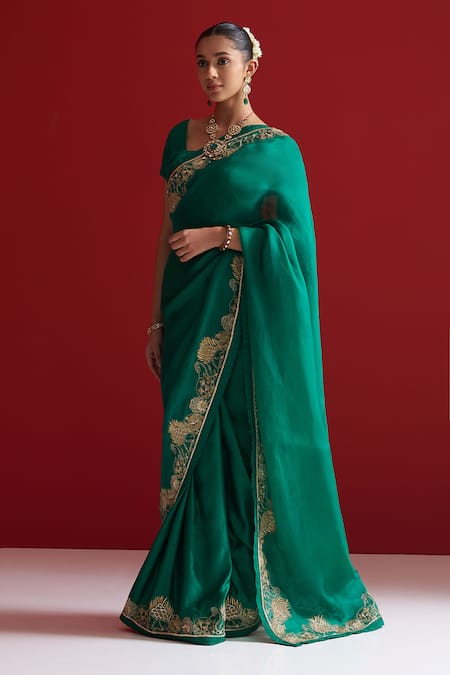 Sitaraa_Emerald Green Embroidery Ananta Saree With Blouse _Online_at_Aza_Fashions