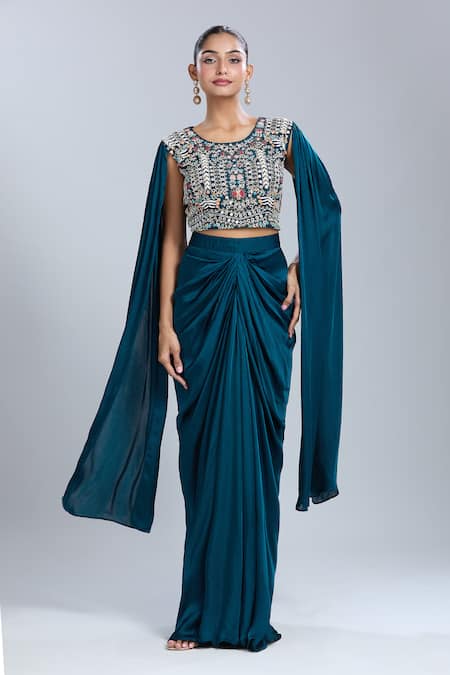 Buy Samyukta Singhania Teal Satin, Georgette Sequins, Beads, Embroidery Round Neck Blouse And Skirt Set Online at Aza Fashions Buy_Samyukta Singhania_Teal Satin, Georgette Sequins, Beads, Embroidery Round Neck Blouse And Skirt Set _Online_at_Aza_Fashions