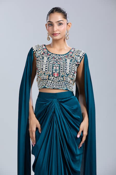 Shop Samyukta Singhania Teal Satin, Georgette Sequins, Beads, Embroidery Round Neck Blouse And Skirt Set Online at Aza Fashions Shop_Samyukta Singhania_Teal Satin, Georgette Sequins, Beads, Embroidery Round Neck Blouse And Skirt Set _Online_at_Aza_Fashions