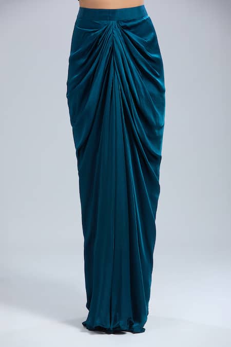 Samyukta Singhania Teal Satin, Georgette Sequins, Beads, Embroidery Round Neck Blouse And Skirt Set at Aza Fashions Samyukta Singhania_Teal Satin, Georgette Sequins, Beads, Embroidery Round Neck Blouse And Skirt Set _at_Aza_Fashions