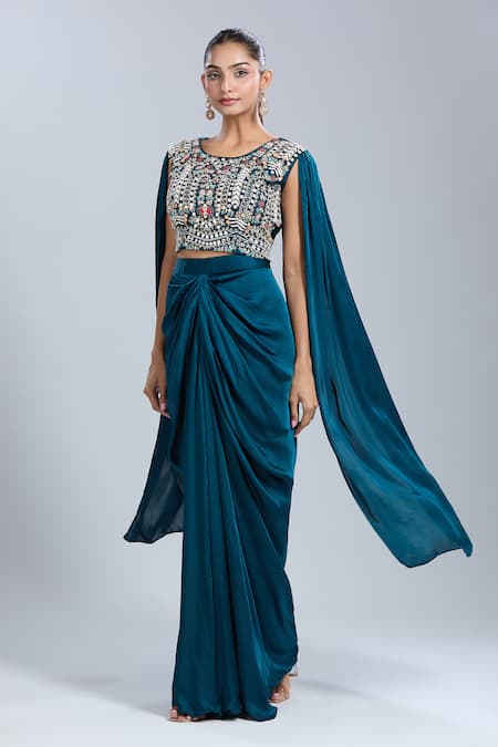 Buy Samyukta Singhania Teal Satin, Georgette Sequins, Beads, Embroidery Round Neck Blouse And Skirt Set Buy_Samyukta Singhania_Teal Satin, Georgette Sequins, Beads, Embroidery Round Neck Blouse And Skirt Set