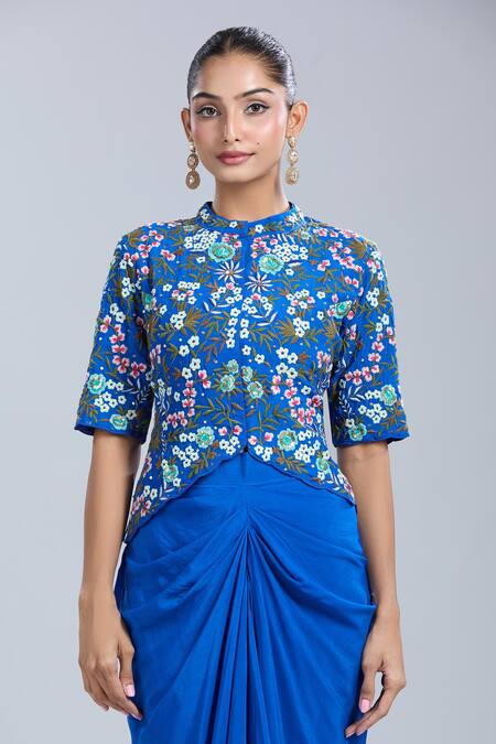 Buy_Samyukta Singhania_Blue Crepe Embroidery Round Neck Jacket And Skirt Set _Online_at_Aza_Fashions
