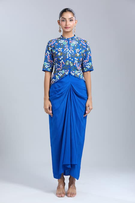 Buy_Samyukta Singhania_Blue Crepe Embroidery Round Neck Jacket And Skirt Set 