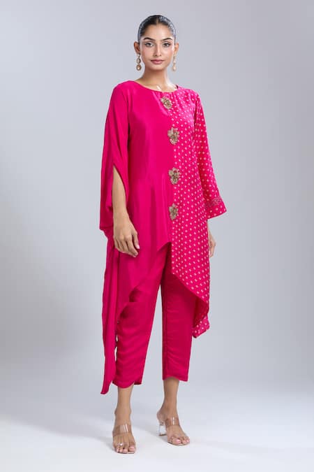 Buy Samyukta Singhania Pink Crepe Round Neck Asymmetric Tunic With Pant Online at Aza Fashions Buy_Samyukta Singhania_Pink Crepe Round Neck Asymmetric Tunic With Pant _Online_at_Aza_Fashions