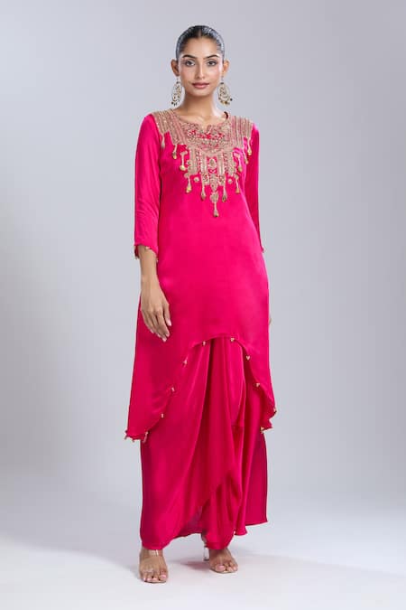 Shop_Samyukta Singhania_Pink Satin Tassels Round Neck Embroidered Tunic And Skirt Set _Online_at_Aza_Fashions