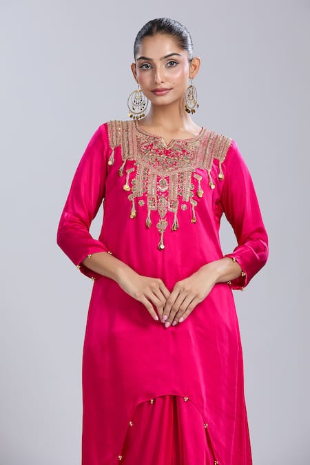 Samyukta Singhania_Pink Satin Tassels Round Neck Embroidered Tunic And Skirt Set _at_Aza_Fashions