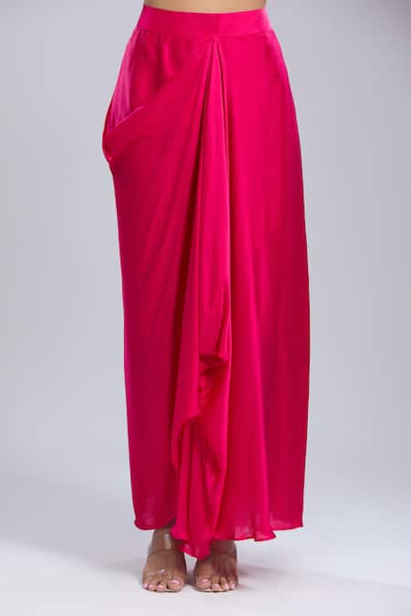 Buy_Samyukta Singhania_Pink Satin Tassels Round Neck Embroidered Tunic And Skirt Set 