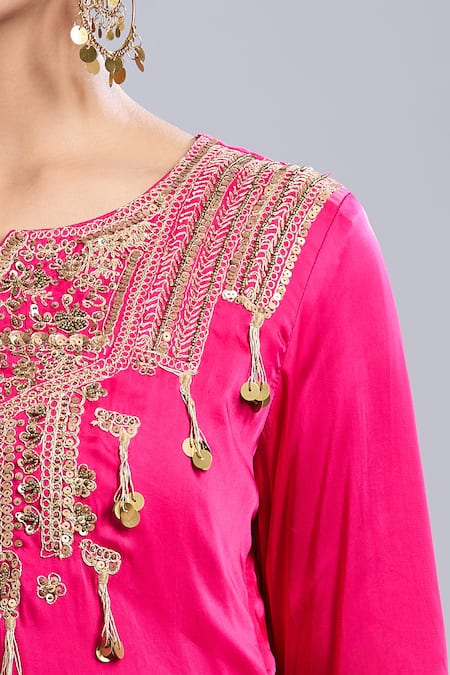 Shop_Samyukta Singhania_Pink Satin Tassels Round Neck Embroidered Tunic And Skirt Set 
