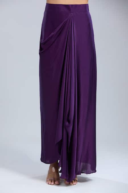 Buy_Samyukta Singhania_Purple Satin Tassels, Embroidery Round Neck Tunic And Skirt Set _Online_at_Aza_Fashions