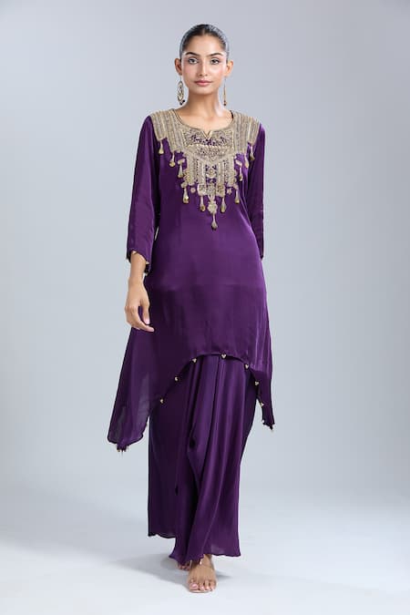 Samyukta Singhania_Purple Satin Tassels, Embroidery Round Neck Tunic And Skirt Set _at_Aza_Fashions