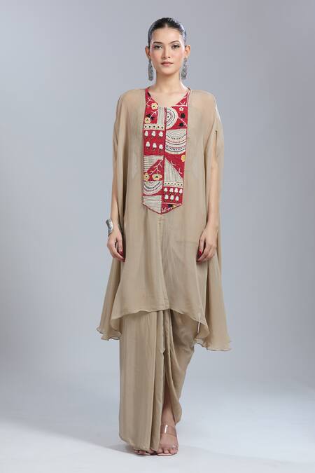 Buy_Samyukta Singhania_Beige Crepe, Organza Embroidery Round Neck Cape Tunic And Skirt Set _Online_at_Aza_Fashions