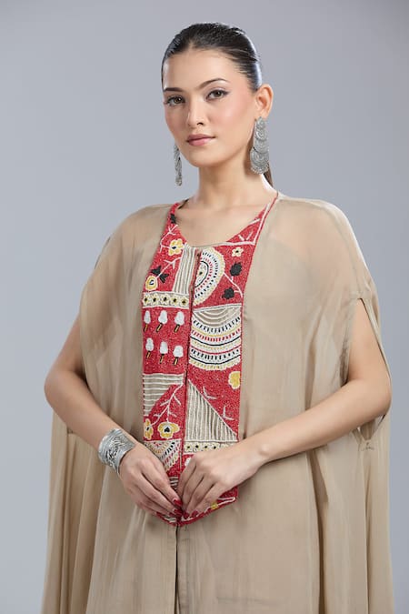 Samyukta Singhania_Beige Crepe, Organza Embroidery Round Neck Cape Tunic And Skirt Set _at_Aza_Fashions