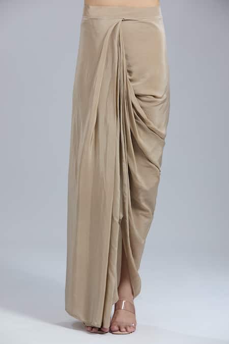 Buy_Samyukta Singhania_Beige Crepe, Organza Embroidery Round Neck Cape Tunic And Skirt Set 