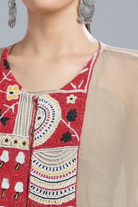 Shop_Samyukta Singhania_Beige Crepe, Organza Embroidery Round Neck Cape Tunic And Skirt Set 