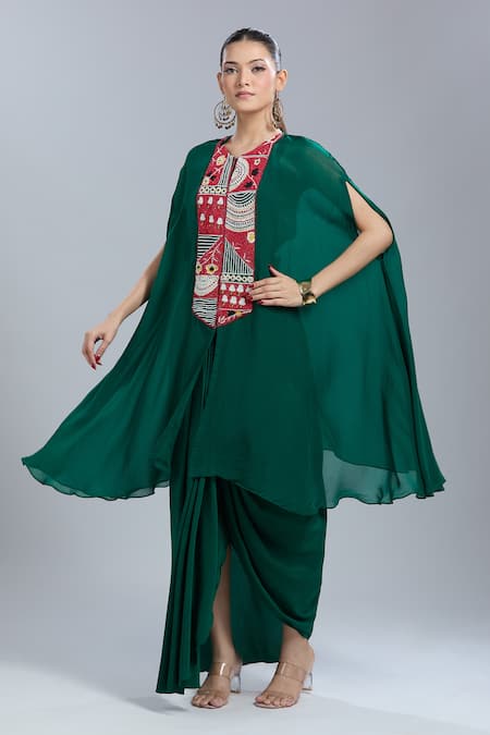 Samyukta Singhania_Green Crepe, Organza Embroidery Round , Square Cape Tunic And Skirt Set _at_Aza_Fashions