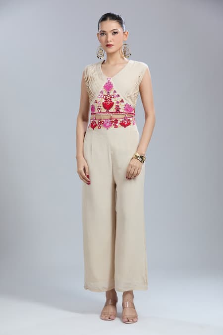 Buy Samyukta Singhania Beige Crepe Tassels, Embroidery V-neck Jacket And Pant Set Online at Aza Fashions Buy_Samyukta Singhania_Beige Crepe Tassels, Embroidery V-neck Jacket And Pant Set _Online_at_Aza_Fashions