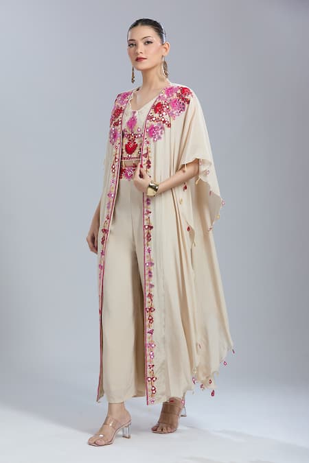 Shop Samyukta Singhania Beige Crepe Tassels, Embroidery V-neck Jacket And Pant Set Online at Aza Fashions Shop_Samyukta Singhania_Beige Crepe Tassels, Embroidery V-neck Jacket And Pant Set _Online_at_Aza_Fashions