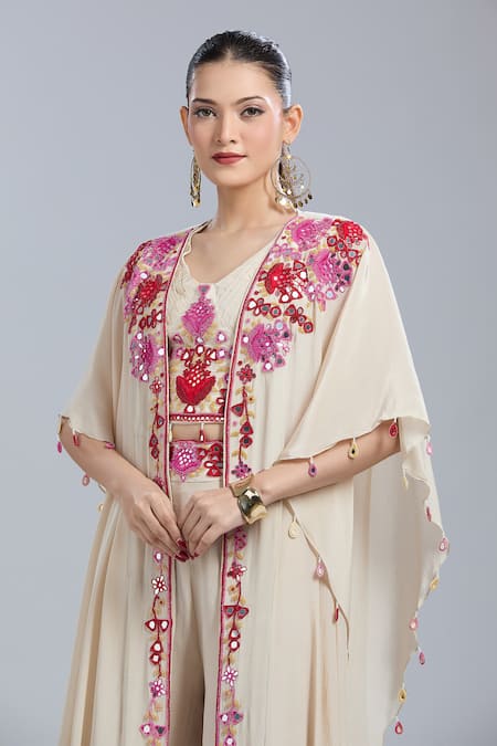 Samyukta Singhania Beige Crepe Tassels, Embroidery V-neck Jacket And Pant Set at Aza Fashions Samyukta Singhania_Beige Crepe Tassels, Embroidery V-neck Jacket And Pant Set _at_Aza_Fashions