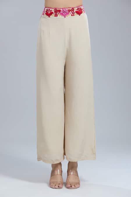 Buy Samyukta Singhania Beige Crepe Tassels, Embroidery V-neck Jacket And Pant Set Buy_Samyukta Singhania_Beige Crepe Tassels, Embroidery V-neck Jacket And Pant Set