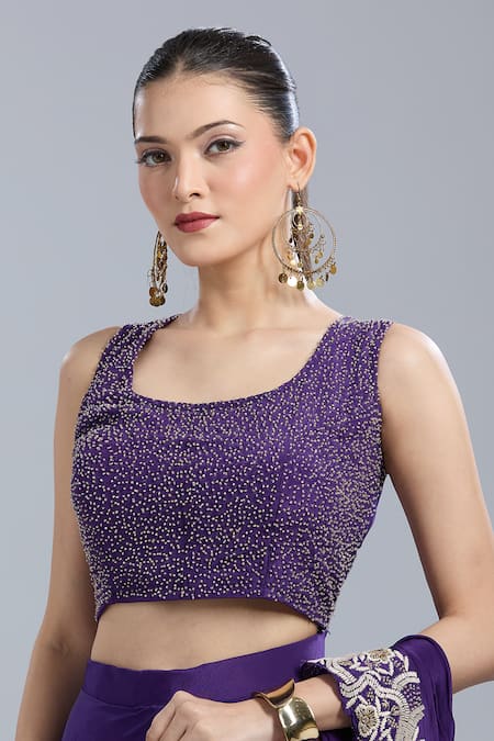 Shop_Samyukta Singhania_Purple Crepe Embroidery, Beads Round Neck, Open Blouse And Pre-draped Saree Set _Online_at_Aza_Fashions